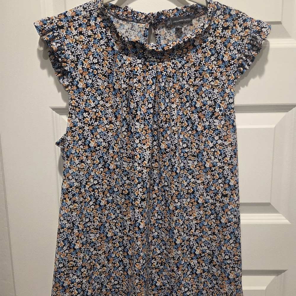 Adrianna Papell Black Dress with Blue and Orange Floral Pattern